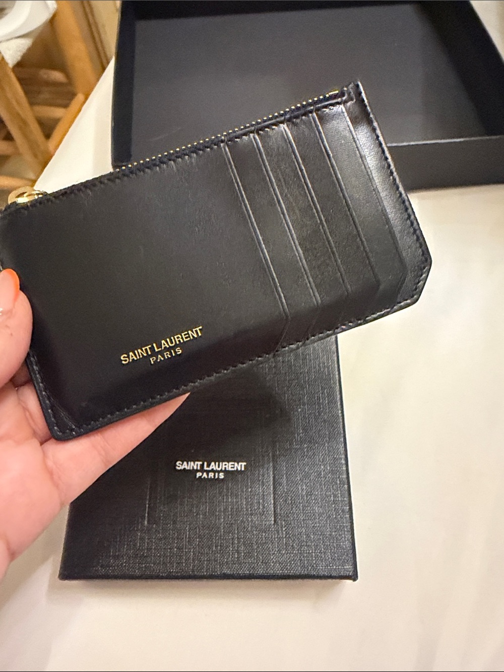 Saint Laurent Black Leather Card Holder with Gold Logo